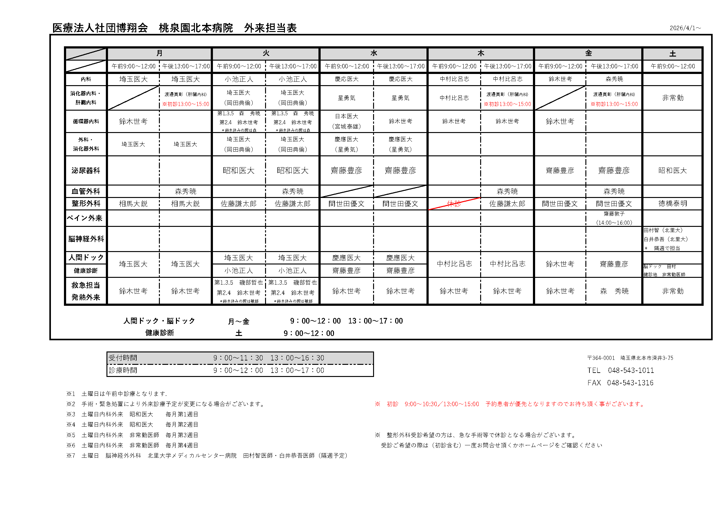 2026年04月 外来担当医表